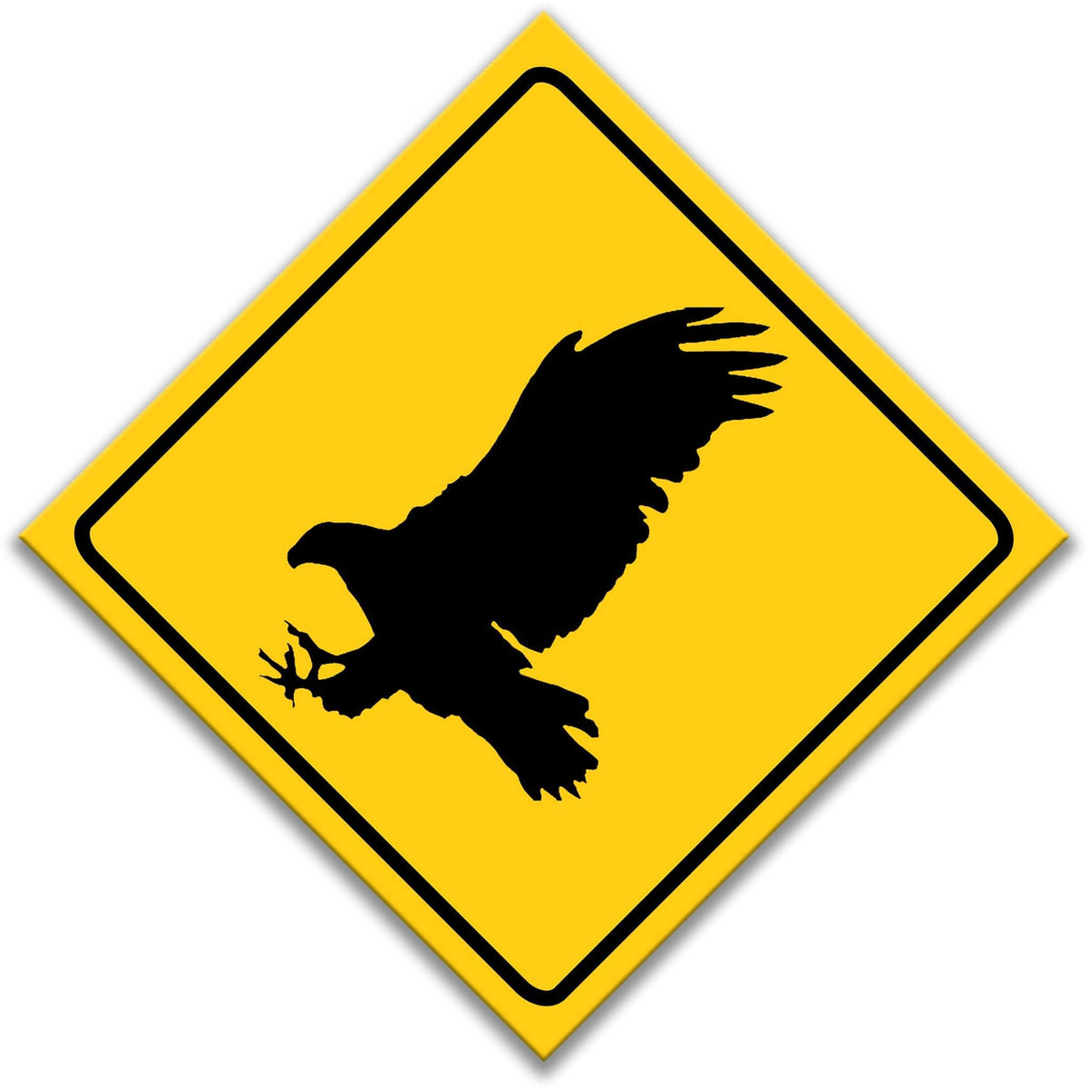 A yellow diamond-shaped sign with a black silhouette of a bird of prey, likely an eagle, in flight.