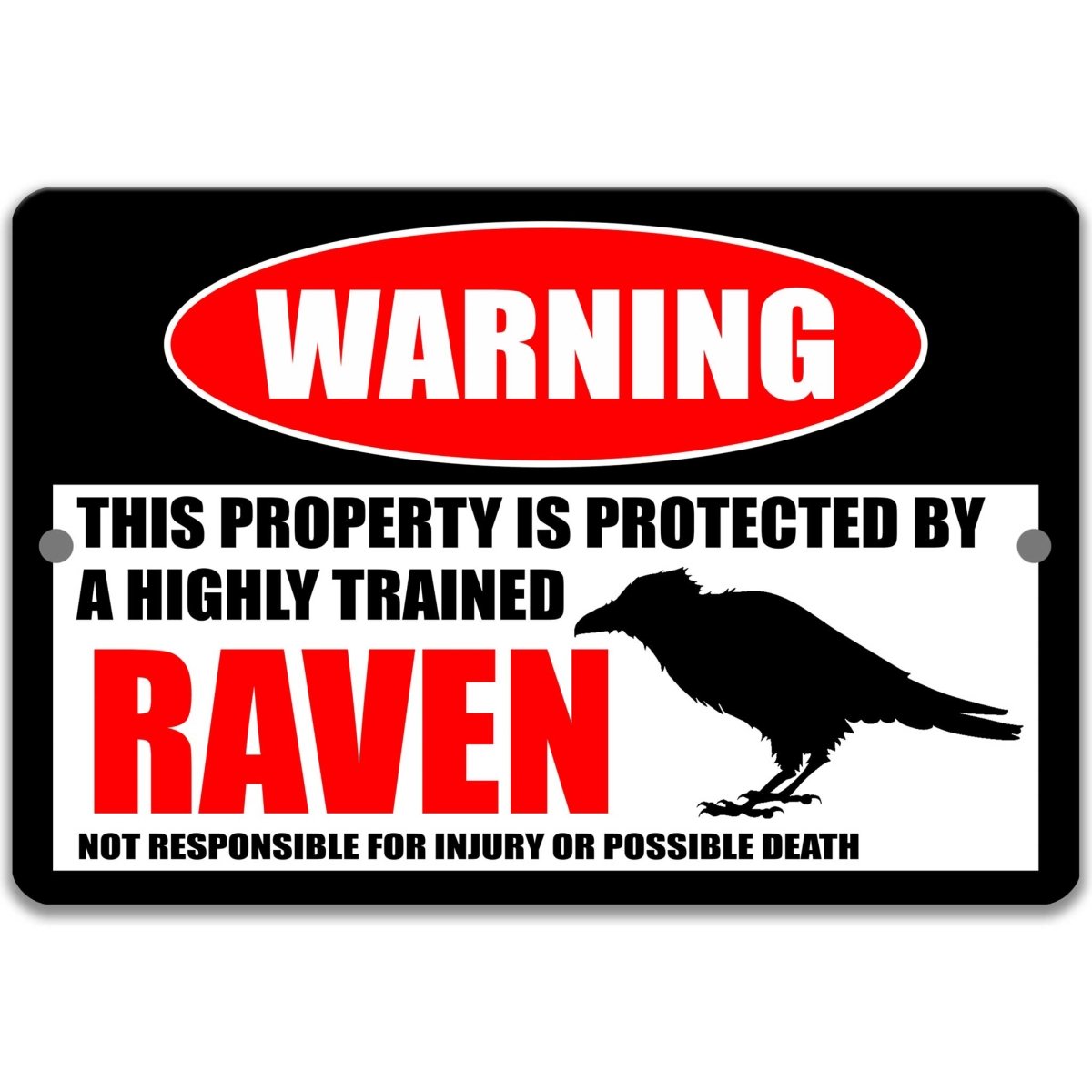 Raven warning metal sign on glossy black, red WARNING oval and perched raven silhouette