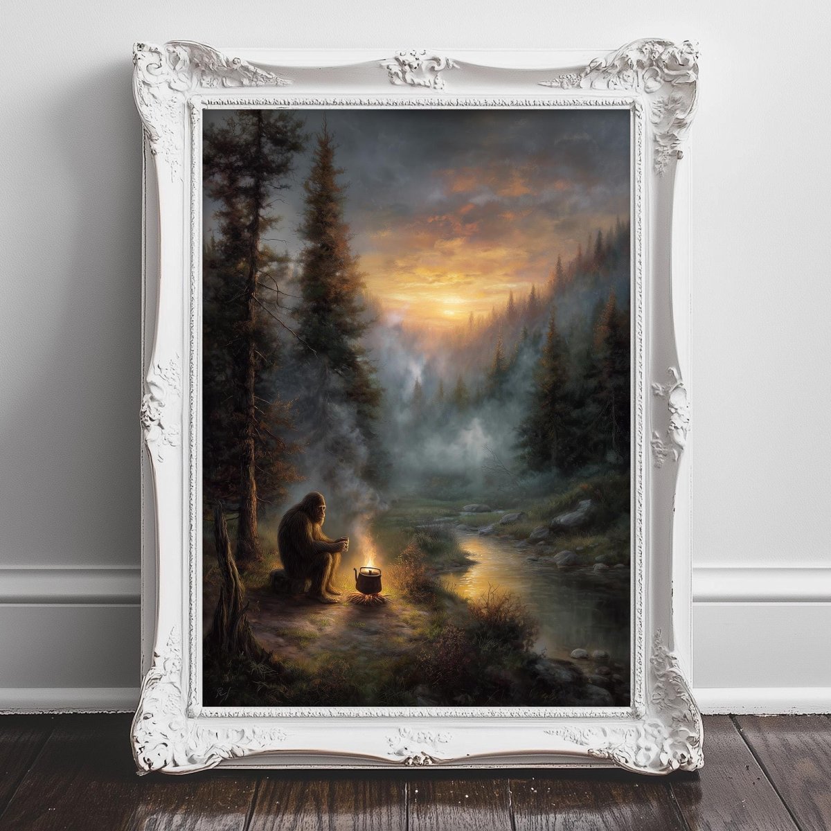 A person is sitting by a campfire in a forest, with a breathtaking sunset in the background.