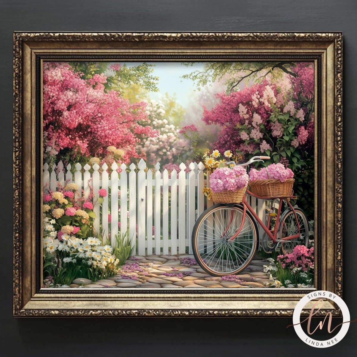 A charming scene of a bicycle parked in front of a white picket fence, surrounded by a lush garden filled with blooming pink and white flowers.