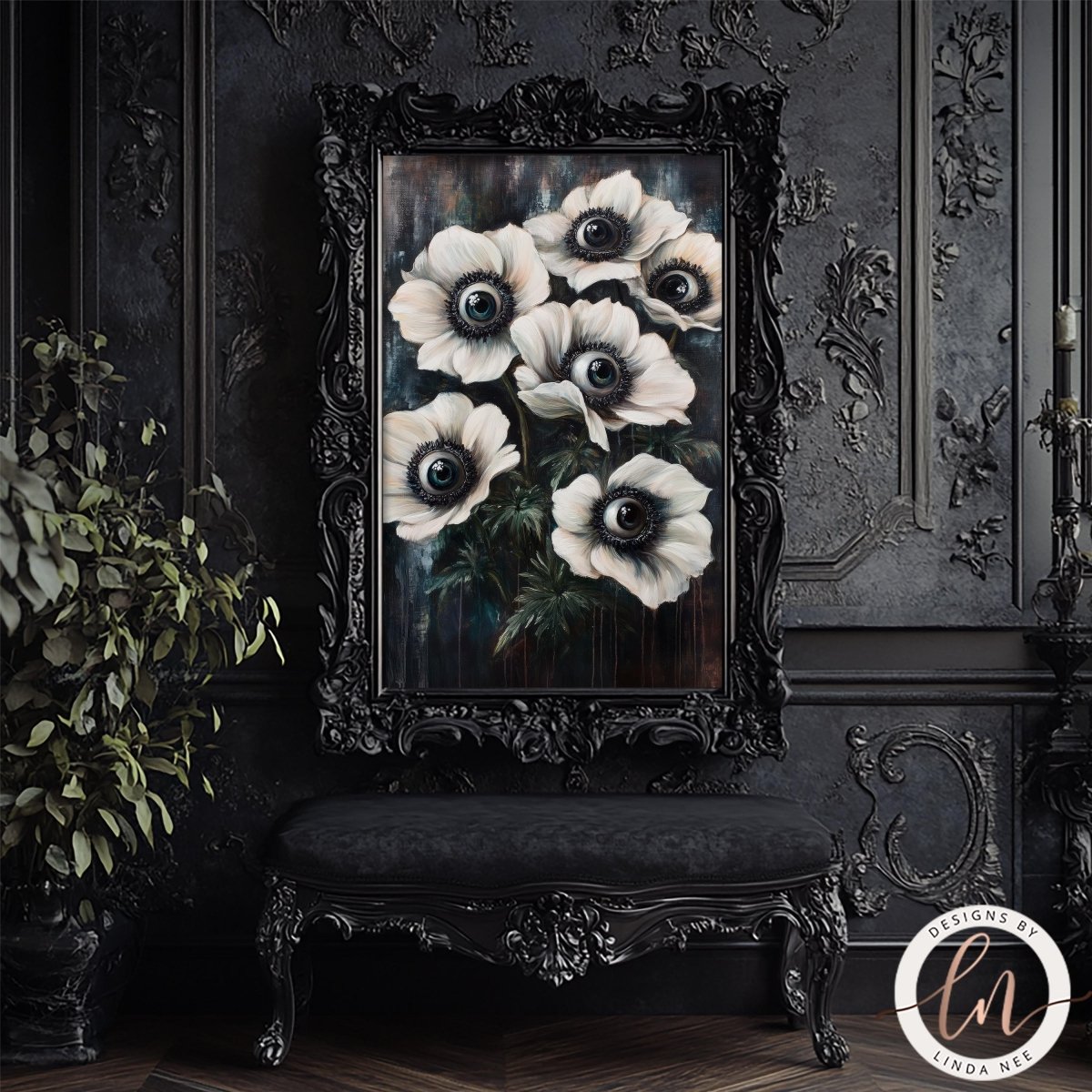 White eyed flowers artwork displayed on a dark wood paneled wall