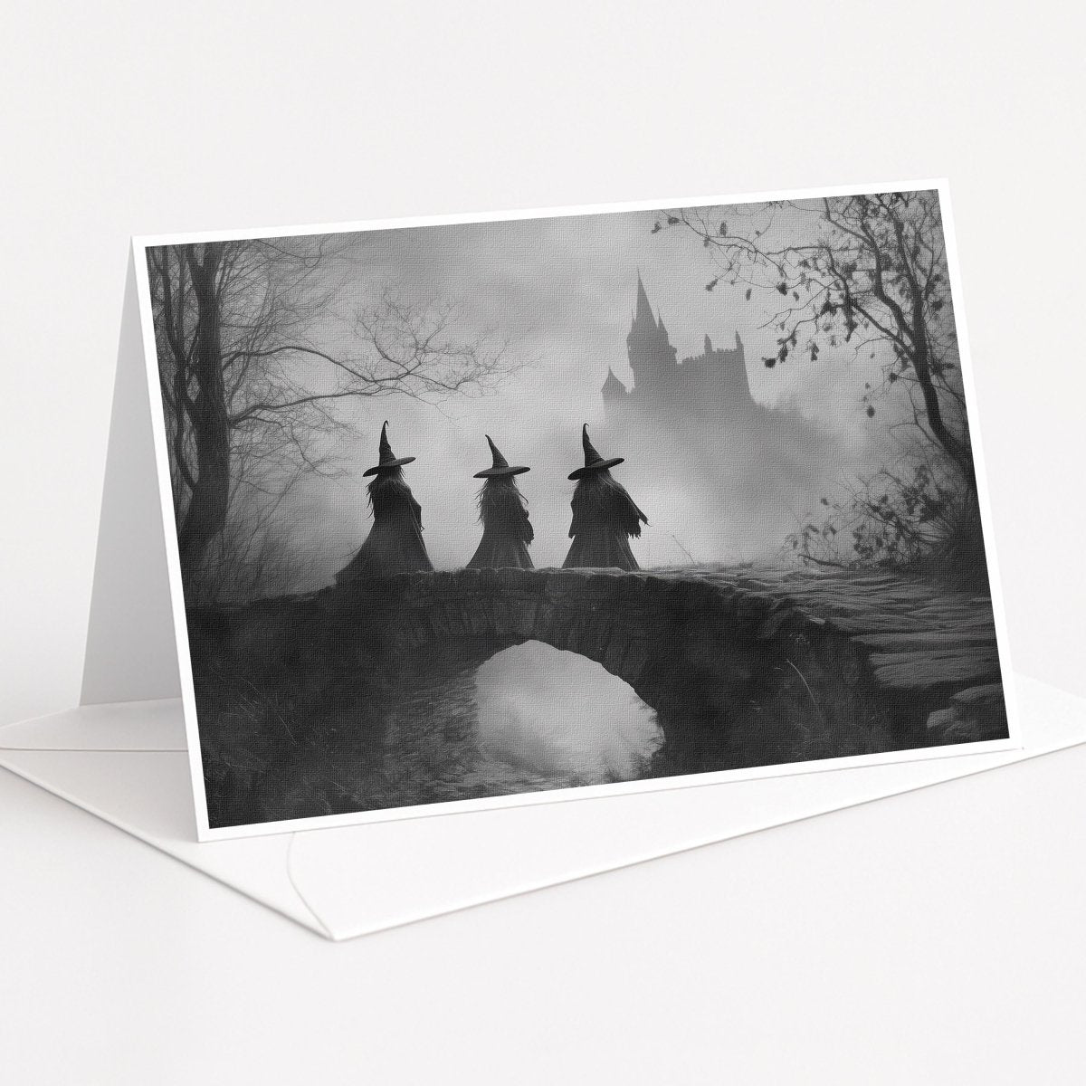 Black and white three witches crossing a bridge toward a foggy castle, 5x7 note card