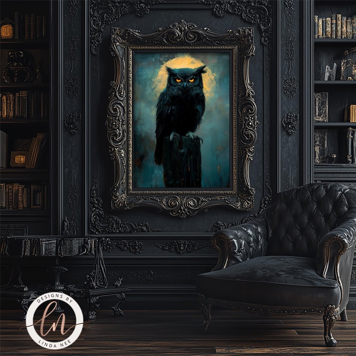 Black owl portrait displayed in a room with a leather armchair