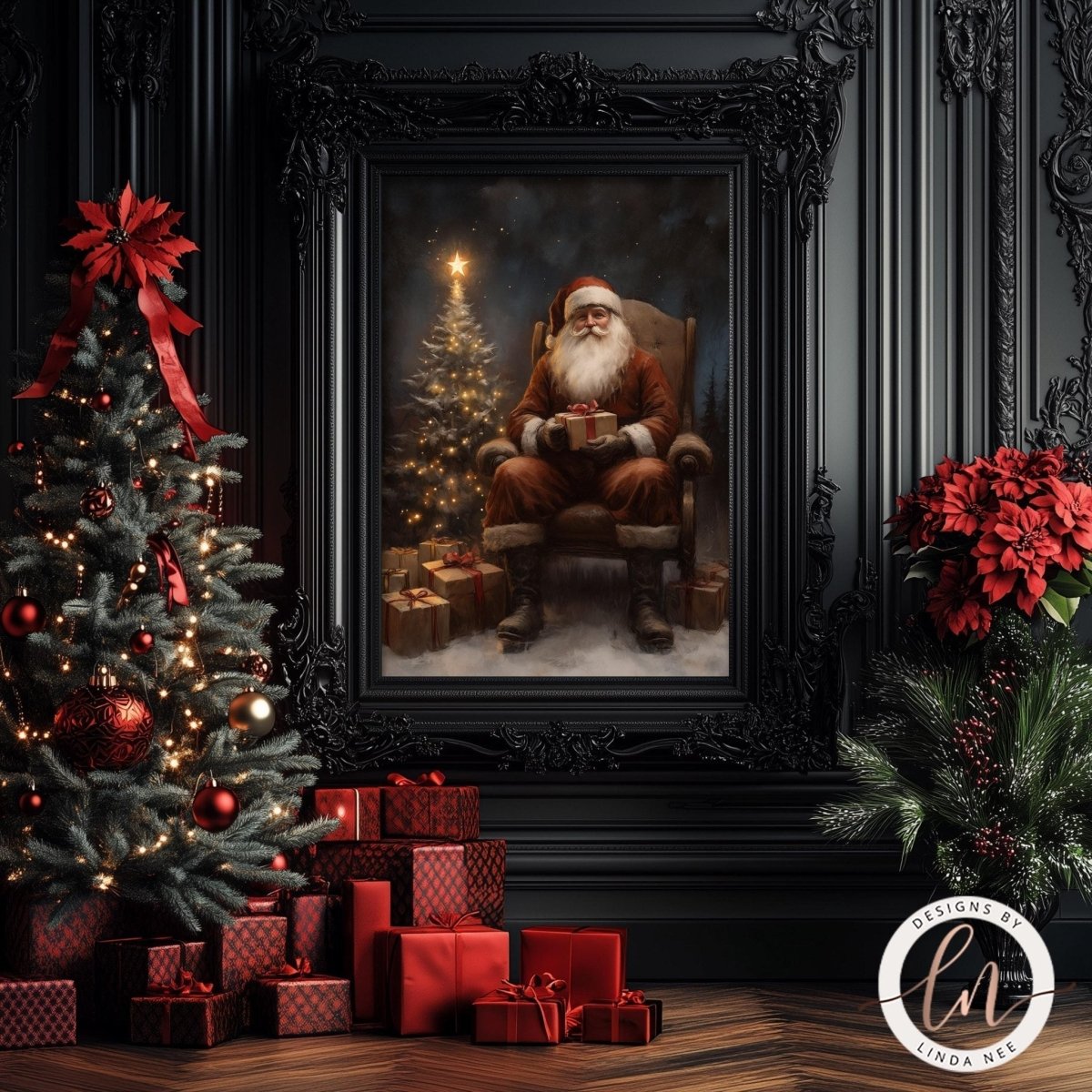 Moody Santa Claus Christmas wall art shown with a decorated tree and poinsettias