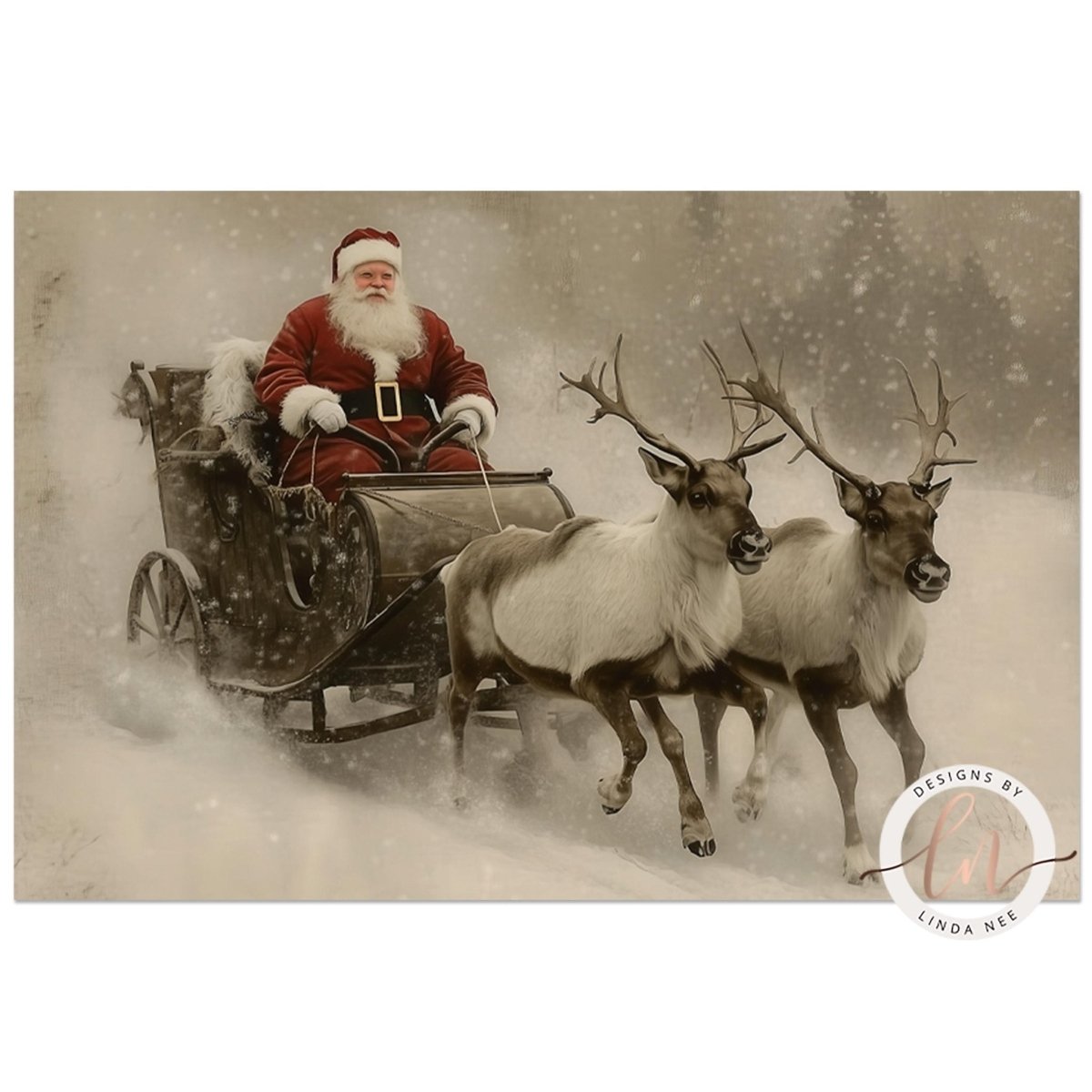 Santa Claus riding a sleigh pulled by reindeer through a snowy sky