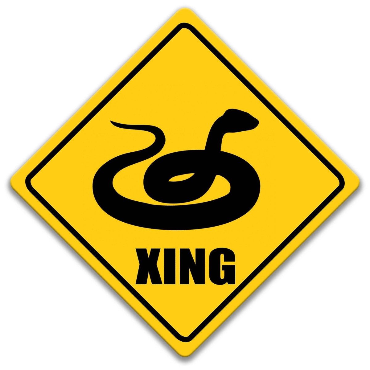 a yellow diamond-shaped sign with a black snake symbol and the word "XING" written below it.