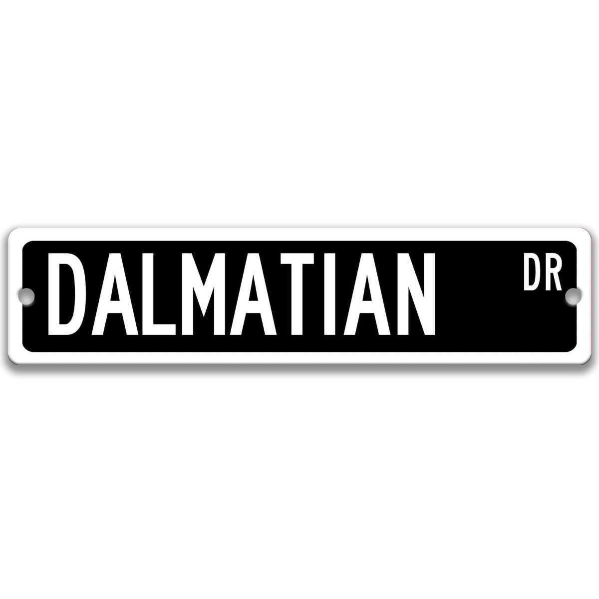 Gray Dalmatian DR aluminum street sign with black lettering