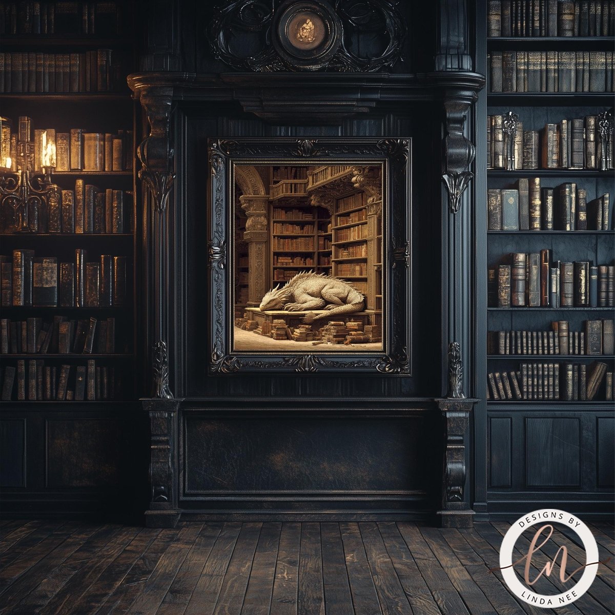 a large, ornate bookshelf with numerous books arranged on it. A framed painting of a dragon is displayed on the wall, adding an artistic touch to the room.