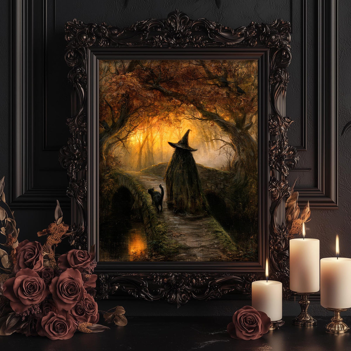 Autumn witch art print shown framed for display against a dark wall with candles and roses