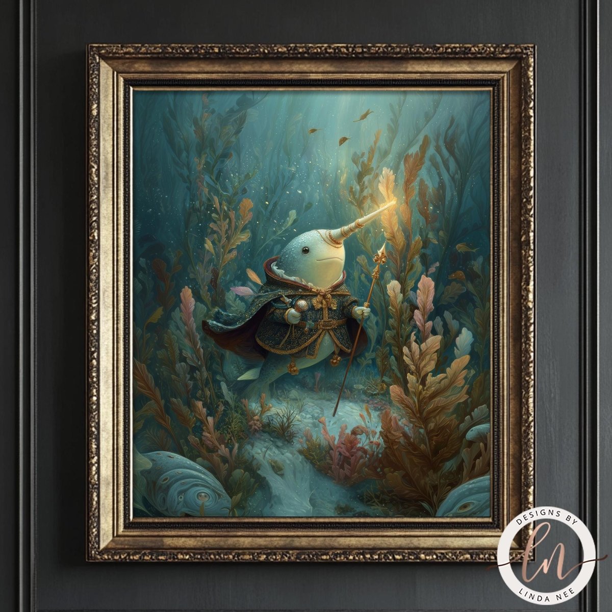 The image is a framed painting depicting a fantastical underwater scene with a creature resembling a fish or sea creature, surrounded by vibrant marine life and plants.