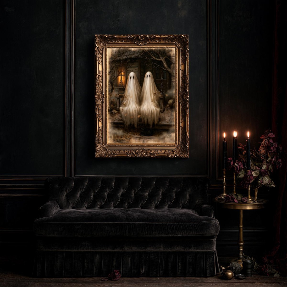 Large ghost couple print above a black velvet sofa on a dark wall