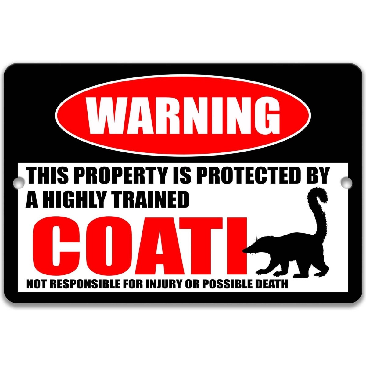 Square coati warning metal sign, black background with red WARNING banner and coati silhouette