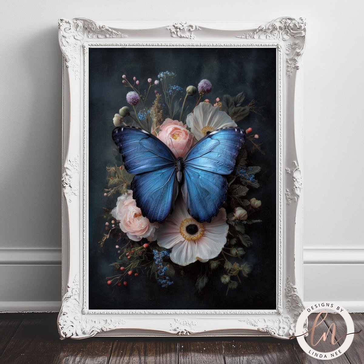A framed painting depicting a blue butterfly resting on a floral arrangement of white and pink flowers, with purple and green accents.