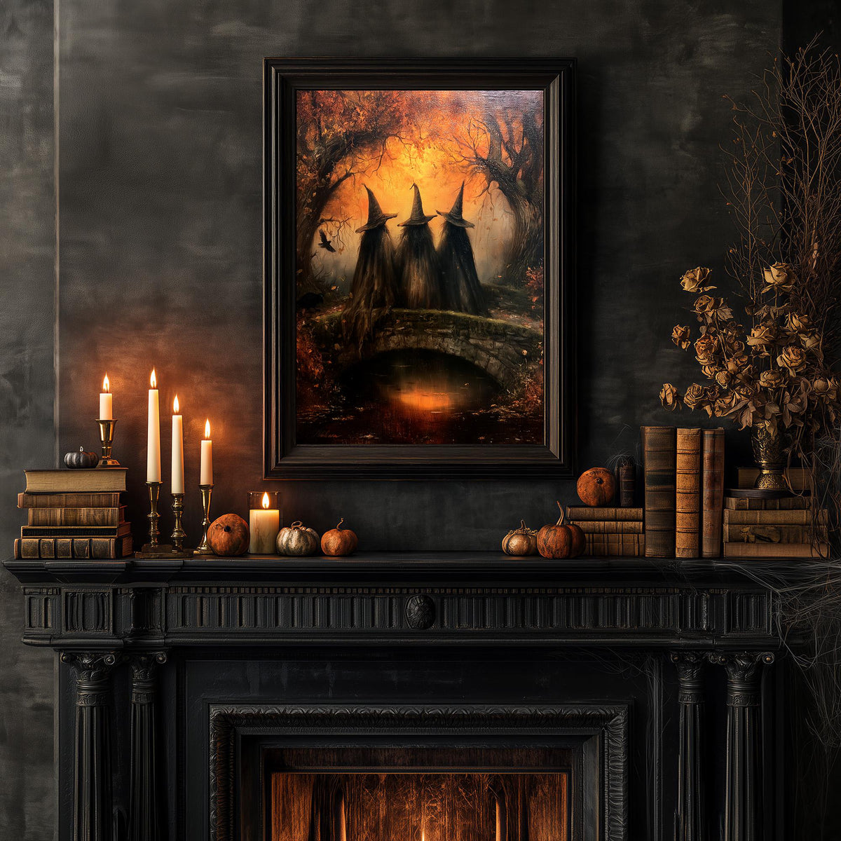 Halloween mantel with candles, pumpkins, and books beneath the witch coven art