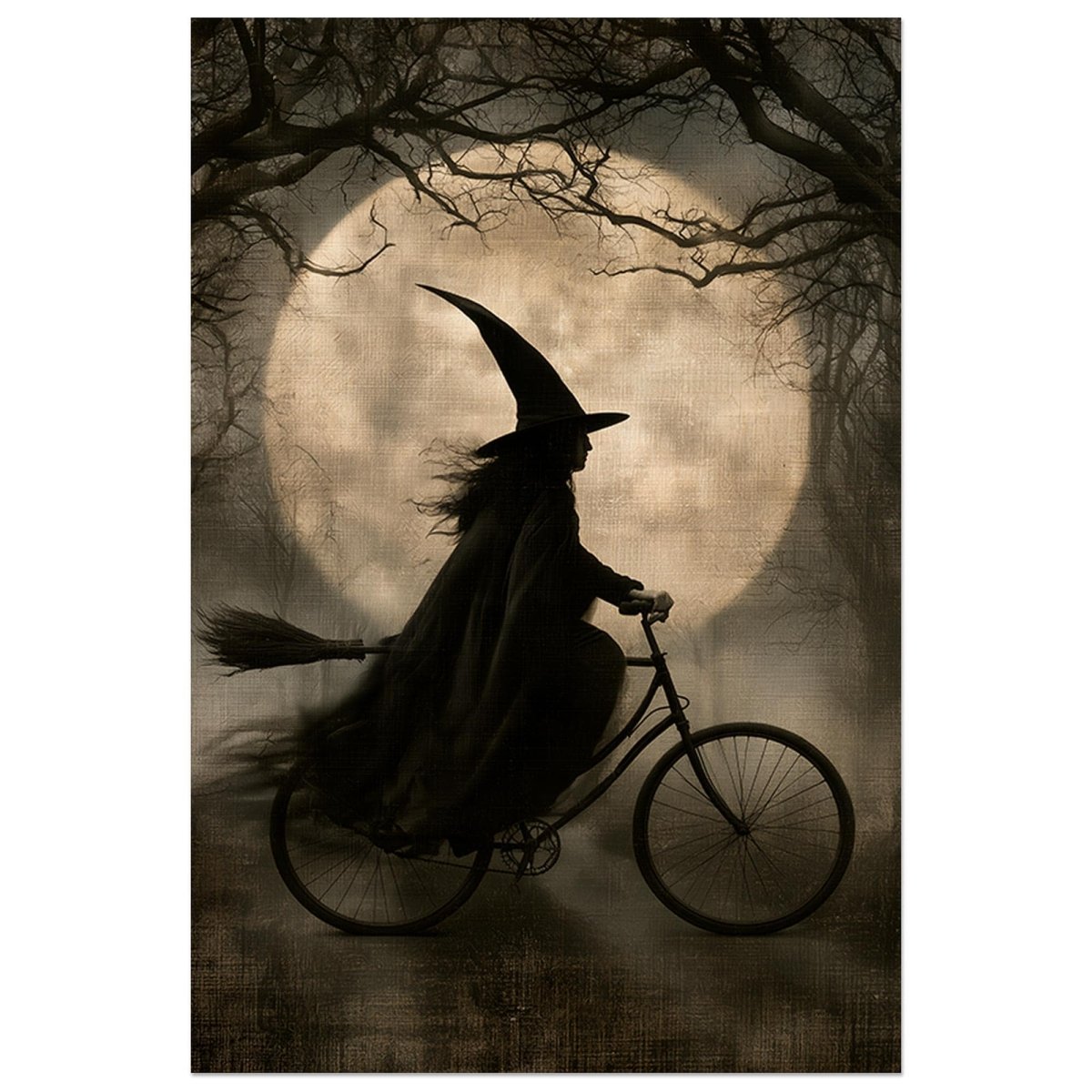 Witch silhouette on a bicycle against a full moon and bare trees