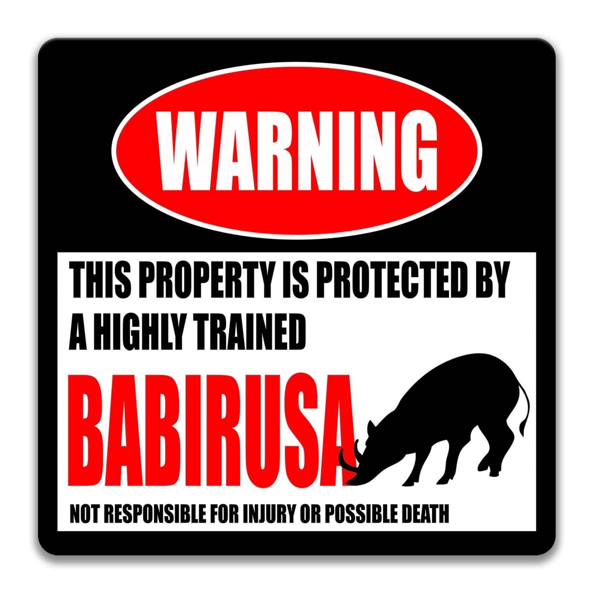 Square babirusa warning metal sign, black background with red WARNING banner and wild pig silhouette