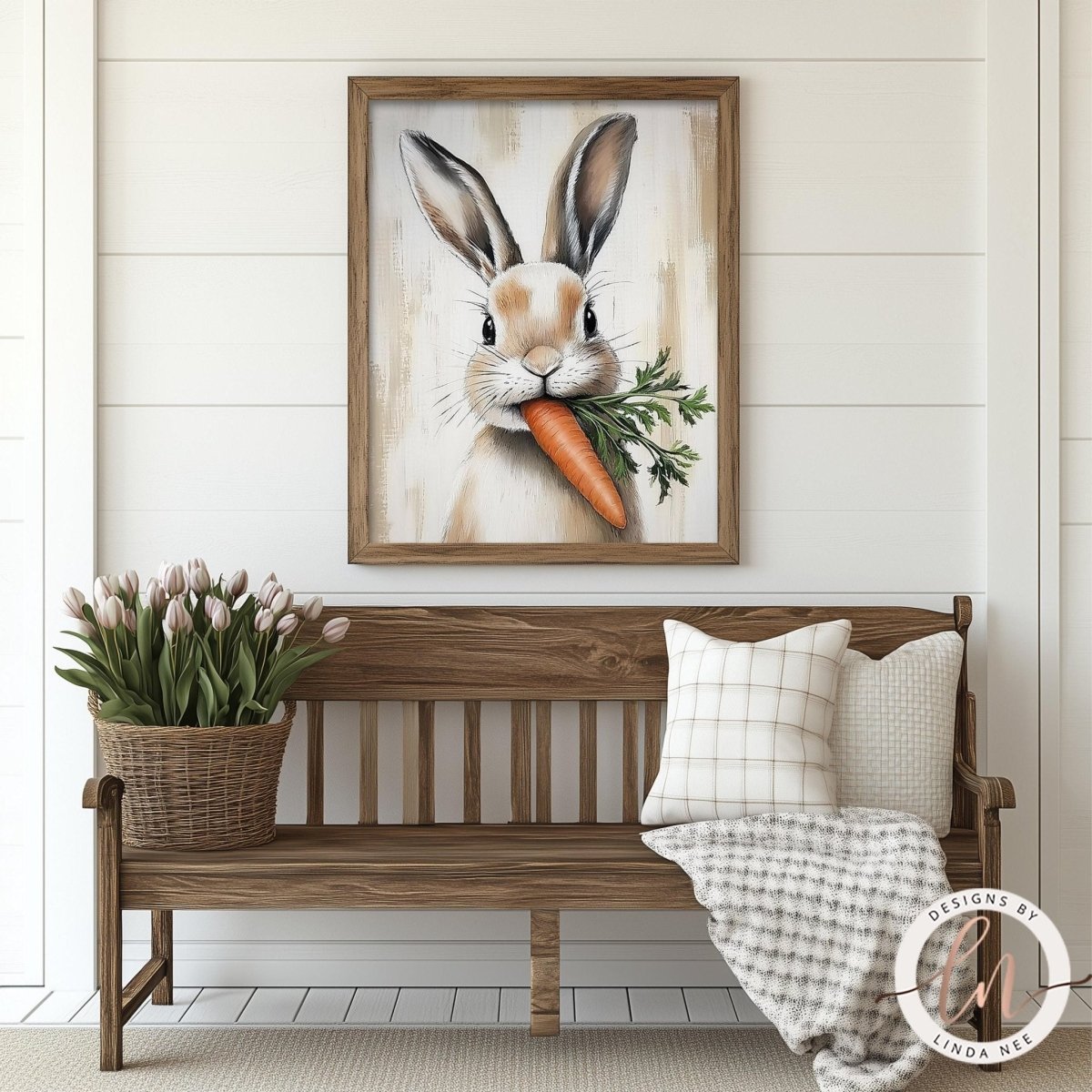 Rabbit holding a carrot print displayed in a rustic setting