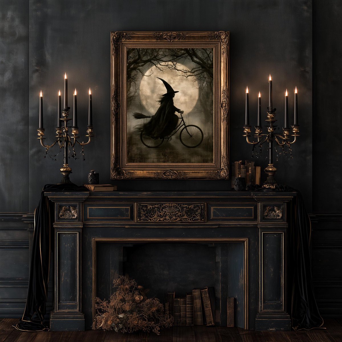 Witch on a bicycle print above a fireplace in a dark wood paneled room
