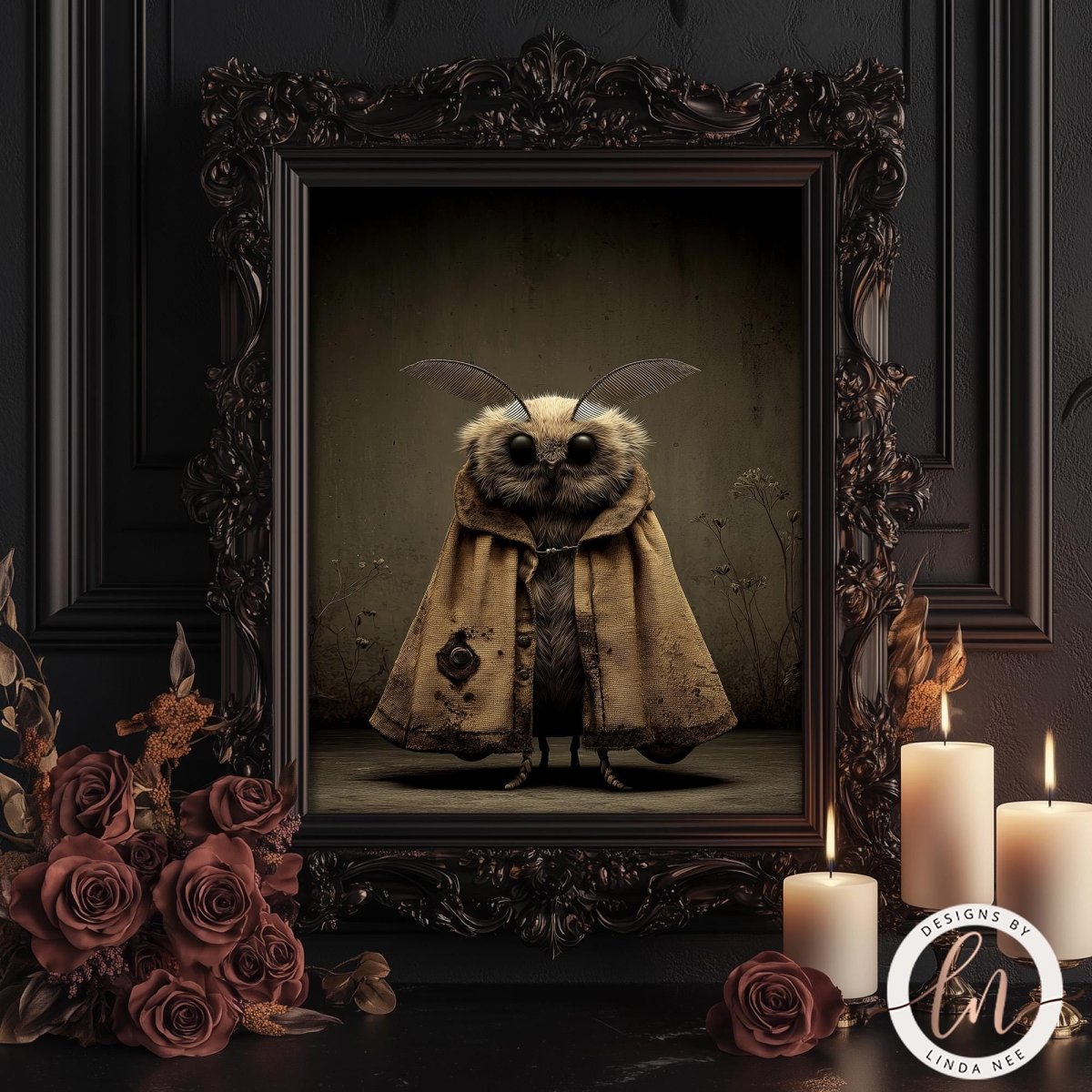 a framed artwork of a moth with a cape, surrounded by candles and roses, creating a mysterious and atmospheric scene.