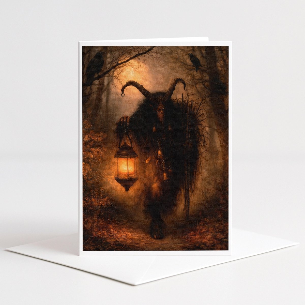 Krampus carrying a glowing lantern through a misty forest with ravens, Krampusnacht note card art