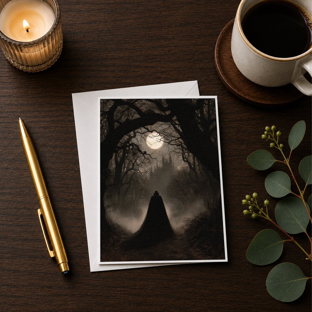 Dracula in forest Halloween note card styled with a candle, pen, and coffee cup