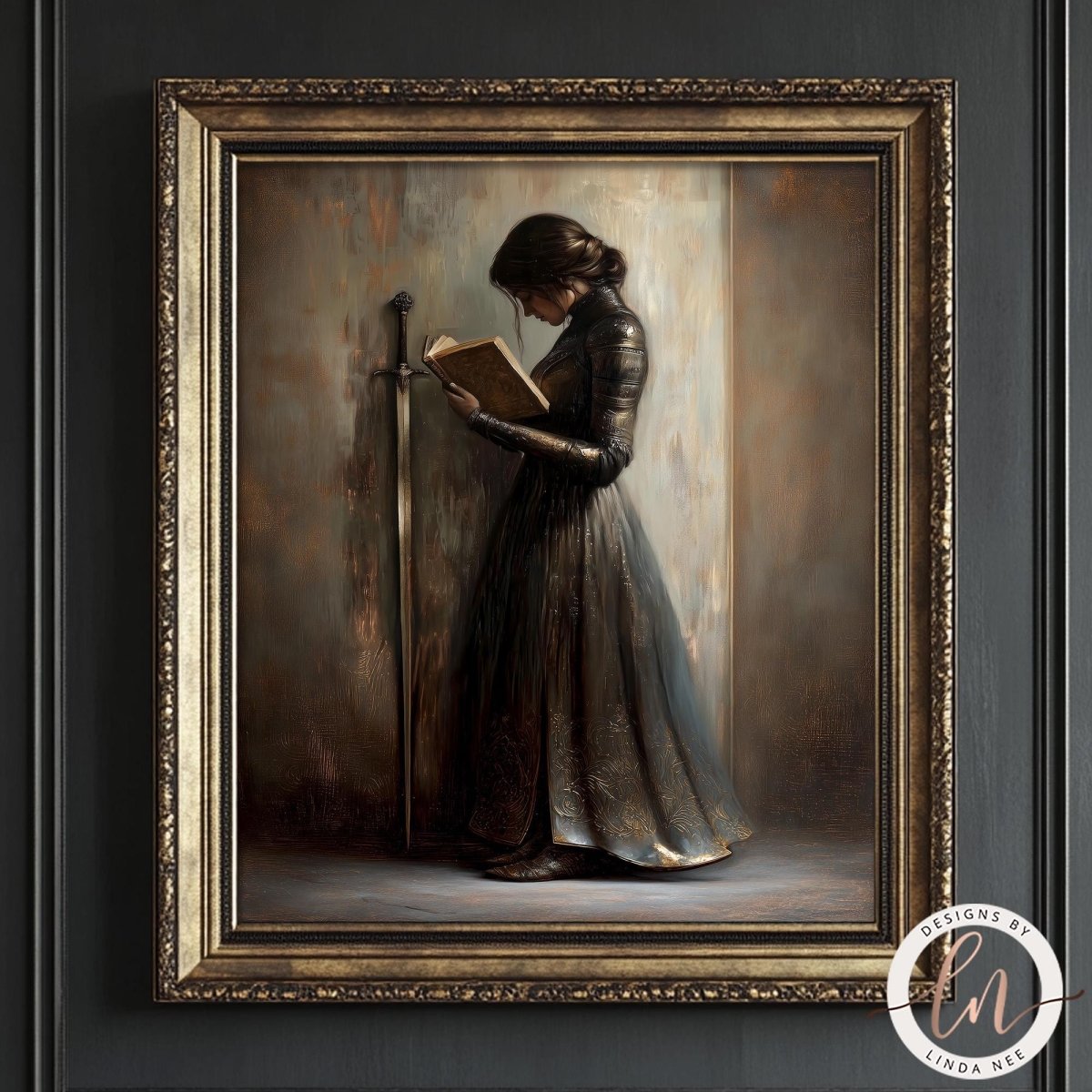 A woman in a long, dark dress stands in a dimly lit room, holding a book and a sword, with a serious expression on her face.