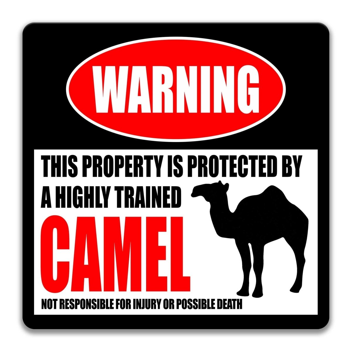 Camel warning sign, red WARNING banner and large camel silhouette, funny Camel lover gift, aluminum with rounded corners