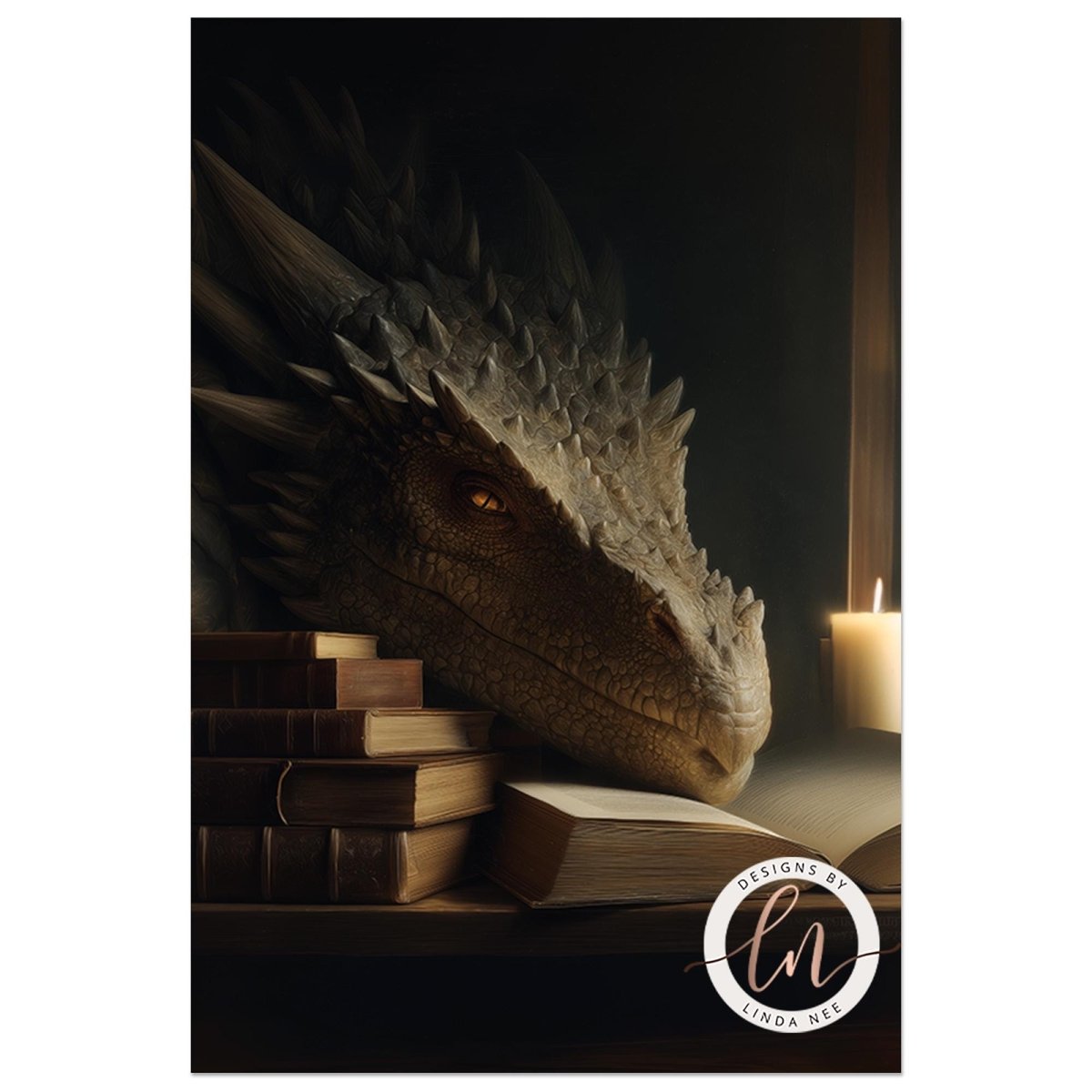 A large, detailed dragon head is resting on a stack of books, with a lit candle nearby, creating a mysterious and atmospheric scene.