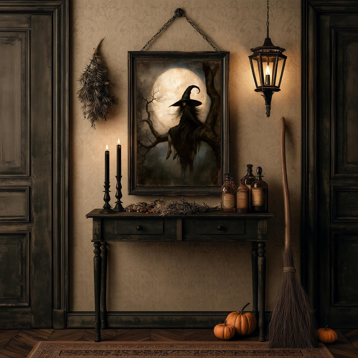 Halloween room with a broom, pumpkins, and candles beneath the moonlit witch print