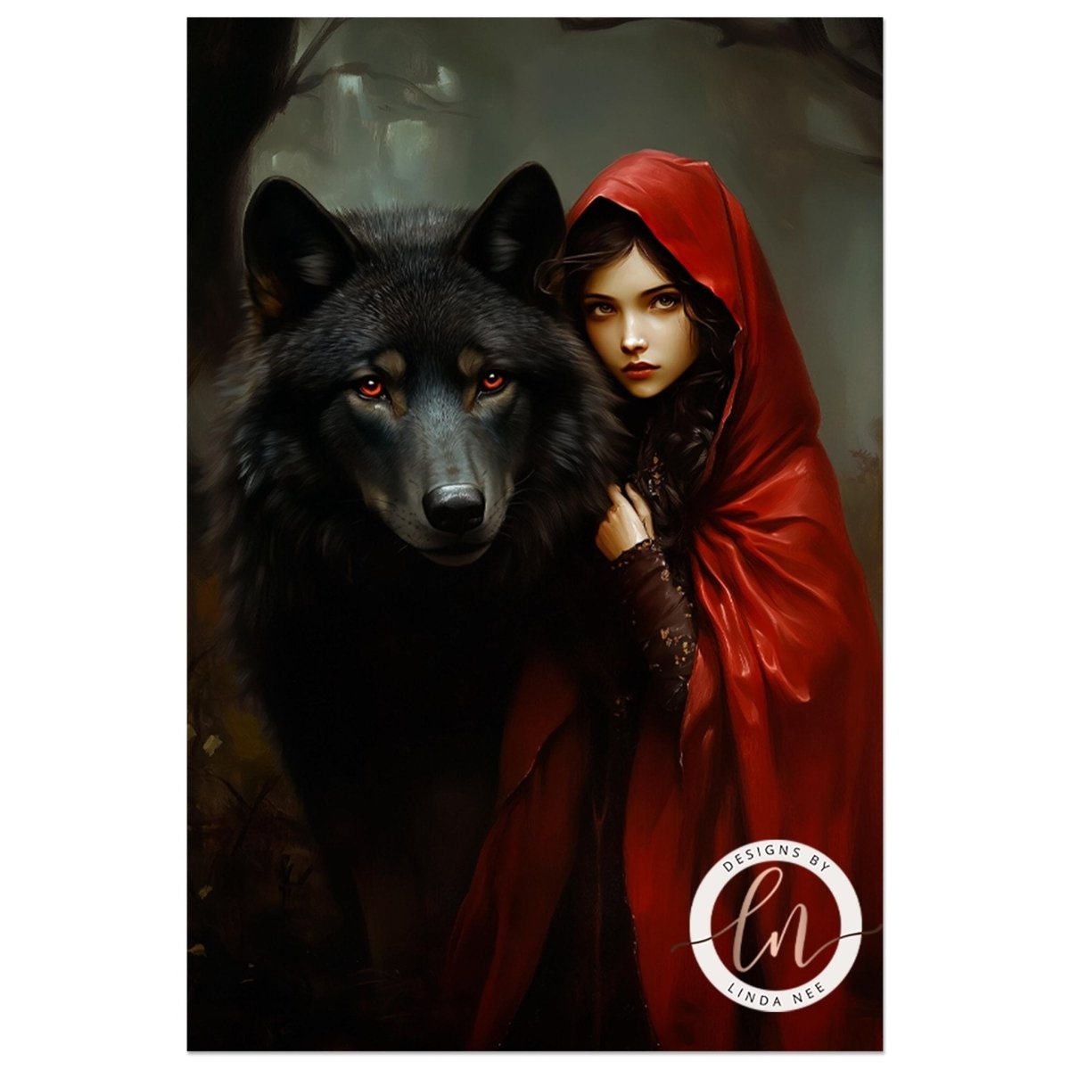 Red hooded girl and black wolf pressed close together, forest blurred behind