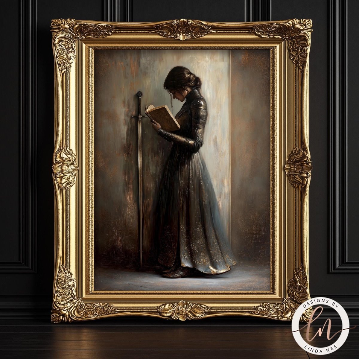A woman in a long, dark dress stands in a dimly lit room, holding a book and a sword, with a gilded frame surrounding the artwork.