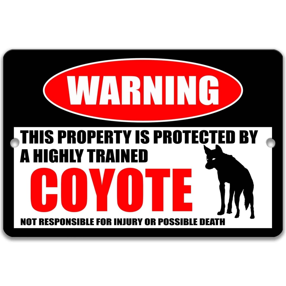 Coyote warning metal sign, glossy black, red WARNING oval and standing coyote silhouette
