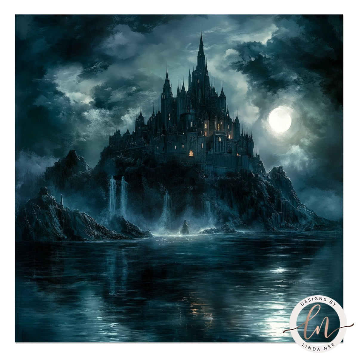 Fantasy digital art print of a gothic castle on a rocky island, featuring tall spires, waterfalls, a full moon, and dark stormy clouds reflecting on the water. A circular 'Designs by Linda Nee' watermark is visible in the bottom right corner.