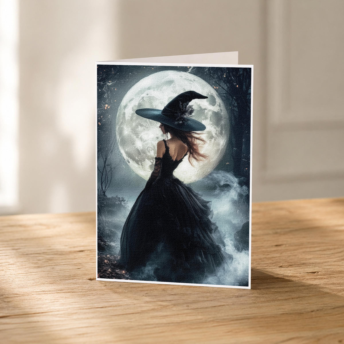 5x7 moonlit witch blank note card standing upright showing its linen texture