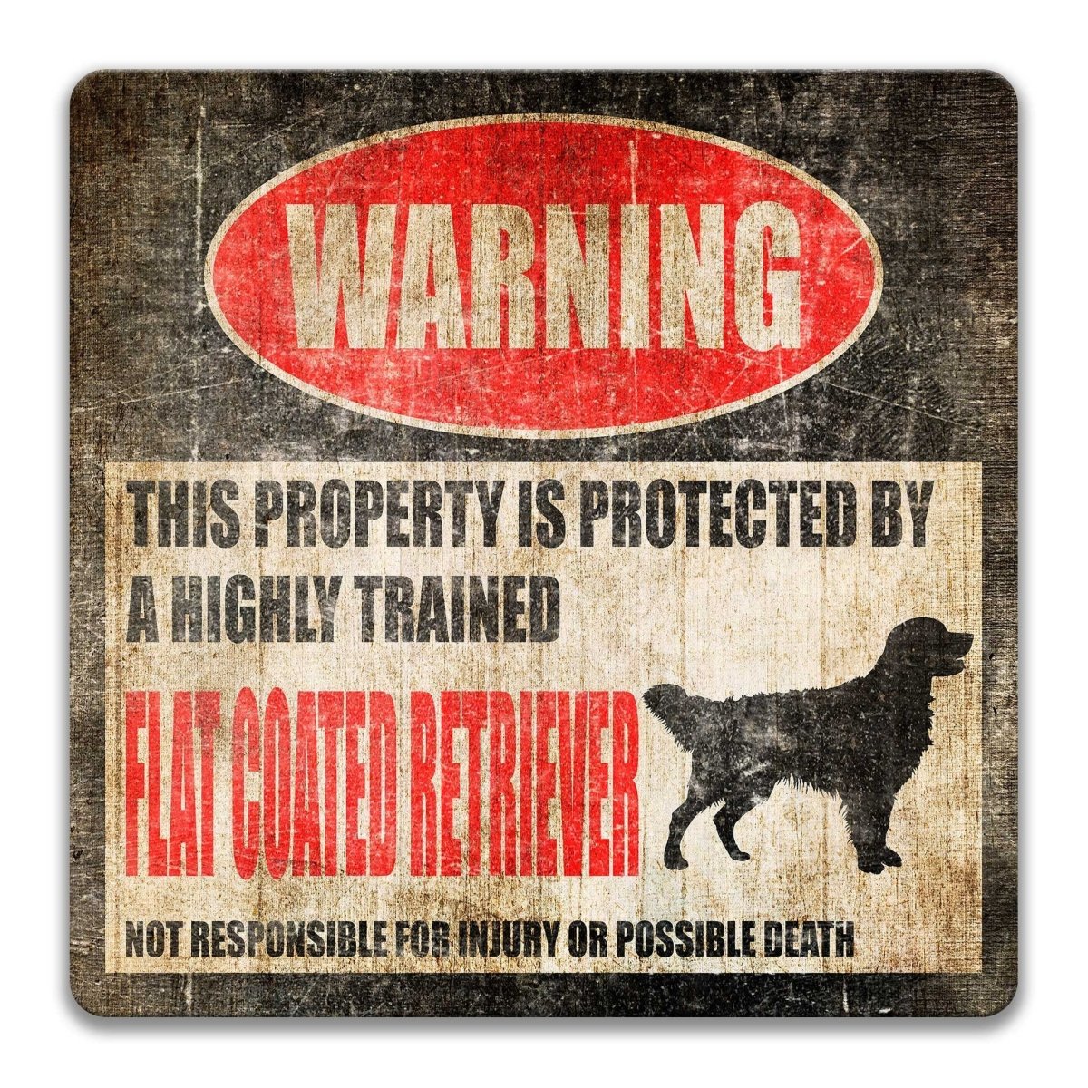 Flat Coated Retriever warning sign, red WARNING banner and large Flat-Coated Retriever dog silhouette, funny Flat Coated Retriever lover gift, aluminum with rounded corners