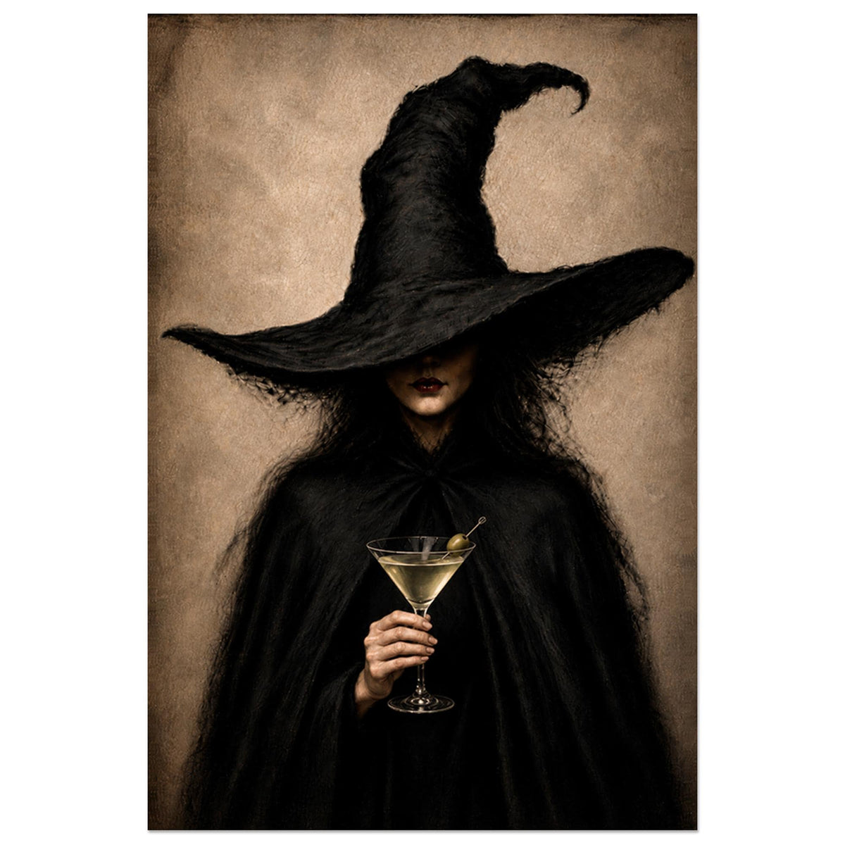 Full artwork view of the witch portrait with the oversized black hat and martini glass