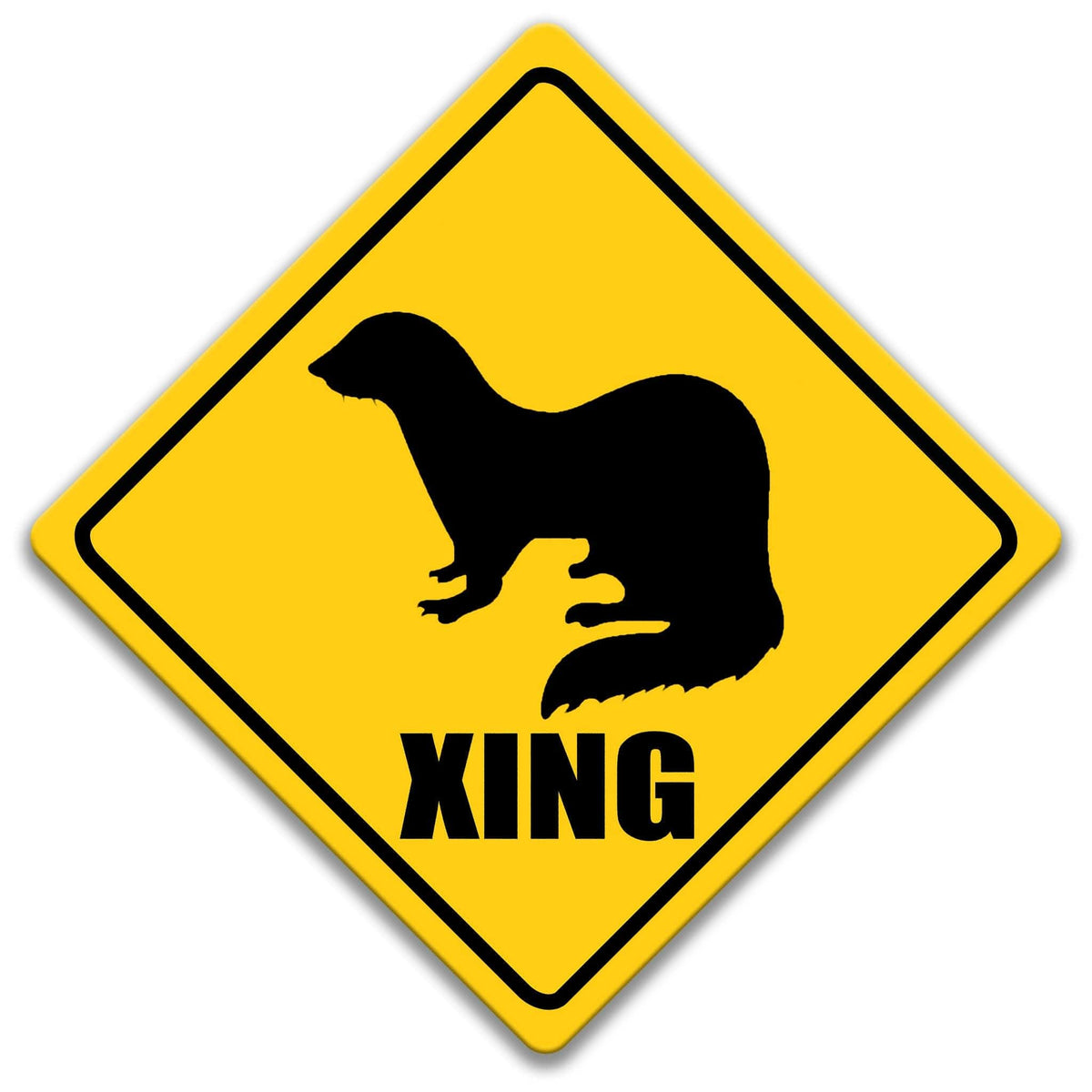 a yellow diamond-shaped sign with a black silhouette of a weasel and the word "XING" below it.