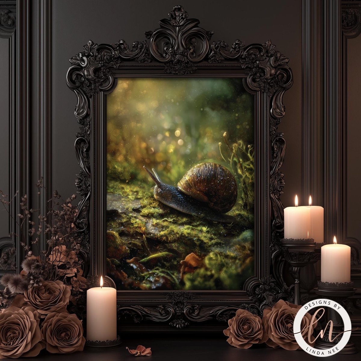 a snail on a mossy surface, surrounded by candles and flowers, all set against an ornate, dark frame.