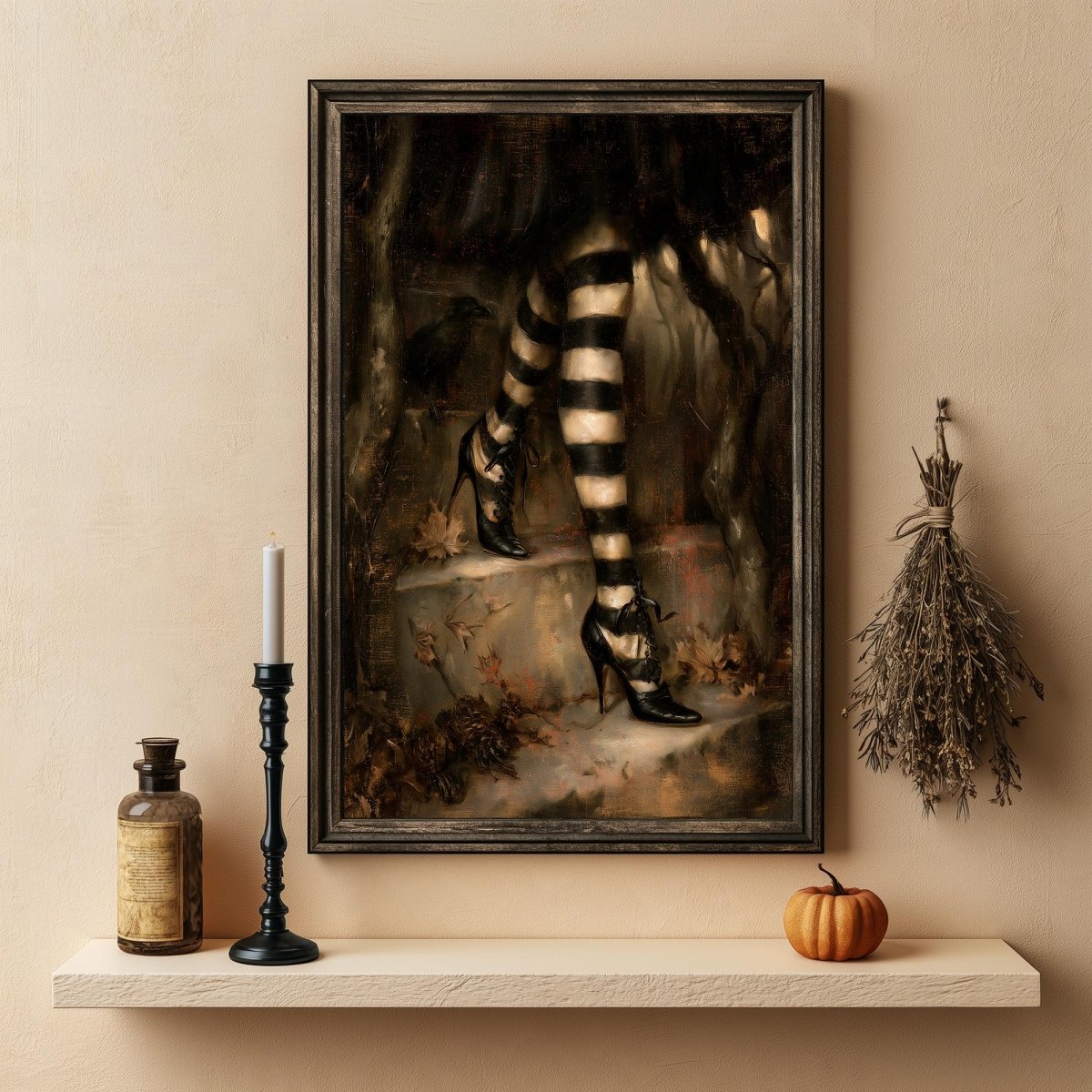 Witch legs print above a shelf holding a candle, a bottle, and a small pumpkin