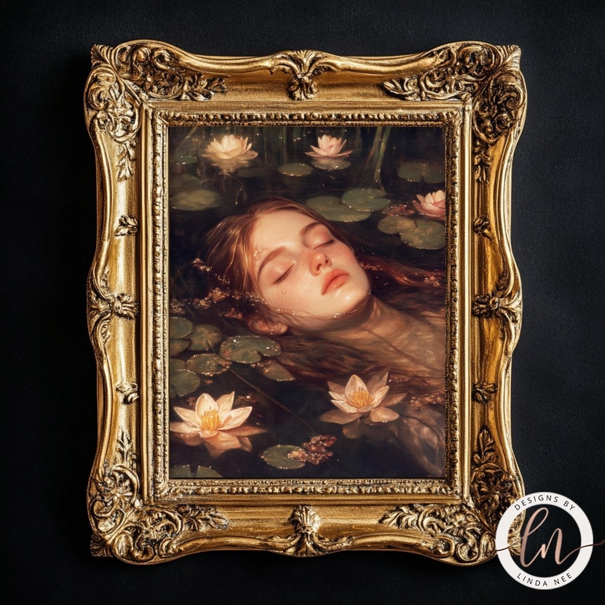 Face submerged in water with lily pads floating around it
