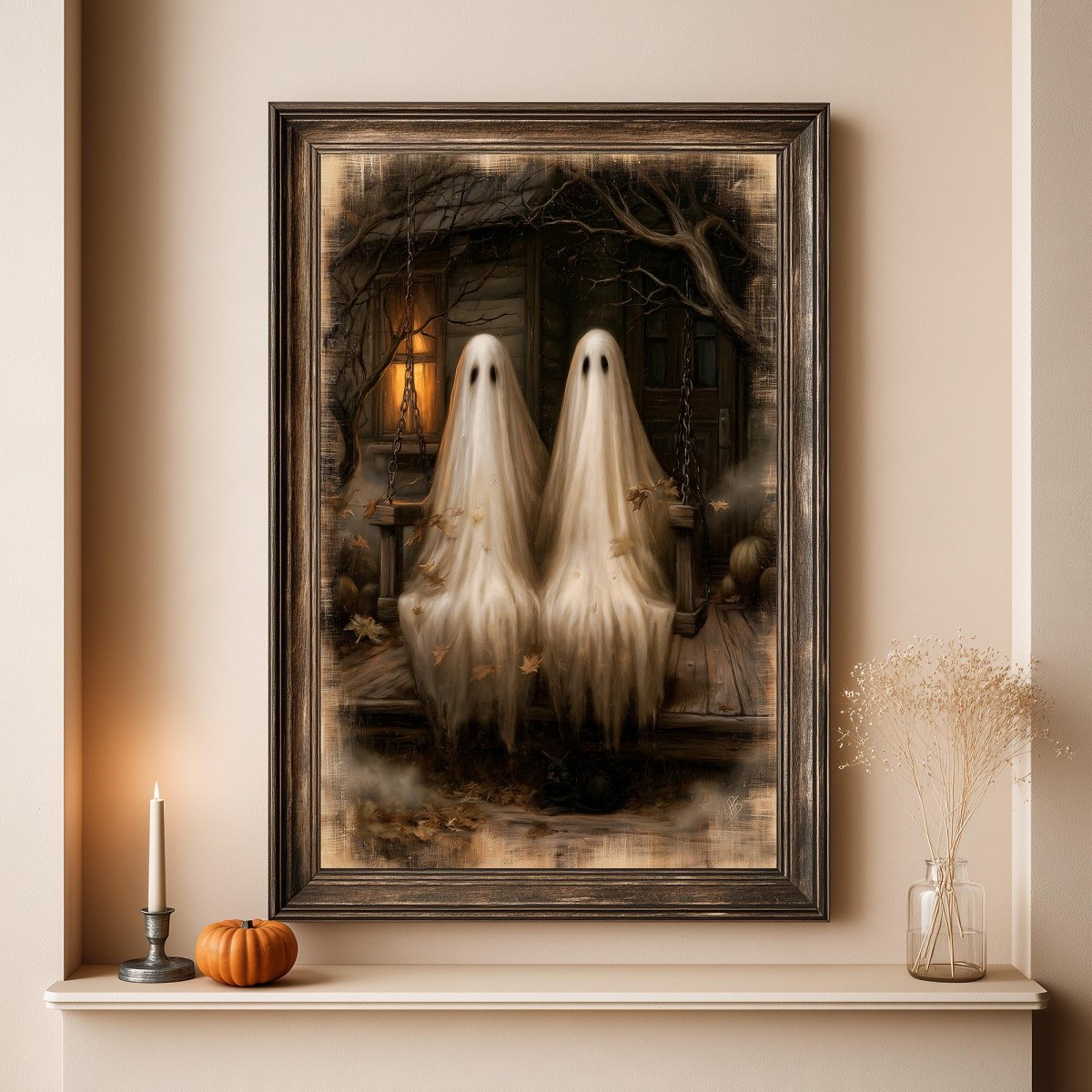 Ghost couple porch swing print styled with a small pumpkin and candle
