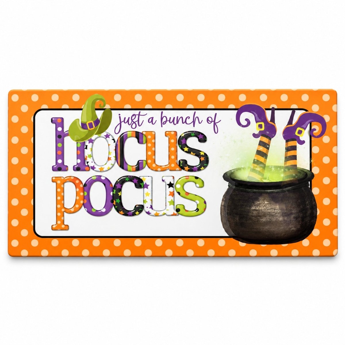 Just a Bunch of Hocus Pocus 6x12 metal wreath sign with a bubbling green cauldron and broom