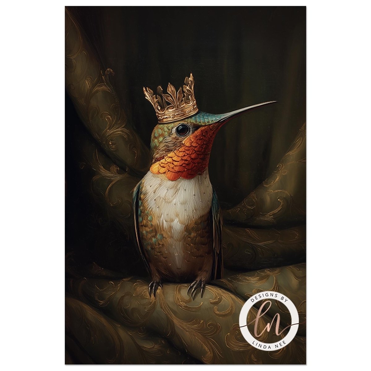 A vertical art print featuring a painted hummingbird with iridescent blue, orange, and white feathers, wearing a small gold crown, set against a dark draped background. A circular 'Designed by Linda Bell' logo appears in the lower right corner.