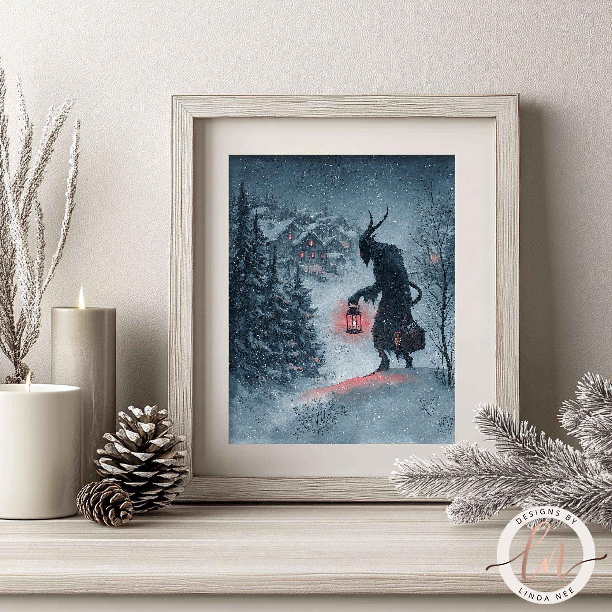 a dark, ominous figure holding a lantern in a snowy, forested landscape, with a house visible in the background.