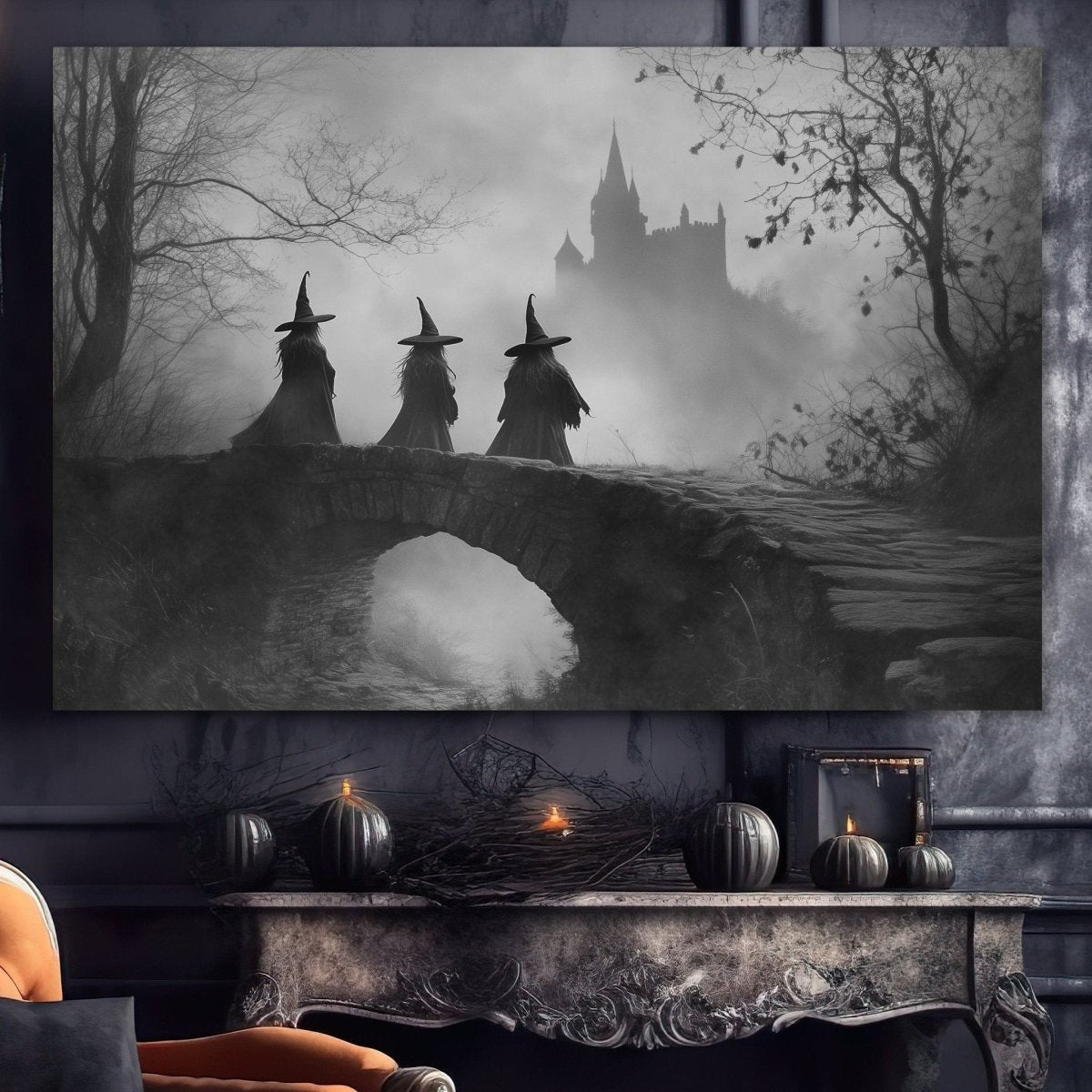 Witches on a bridge art print shown against a misty landscape