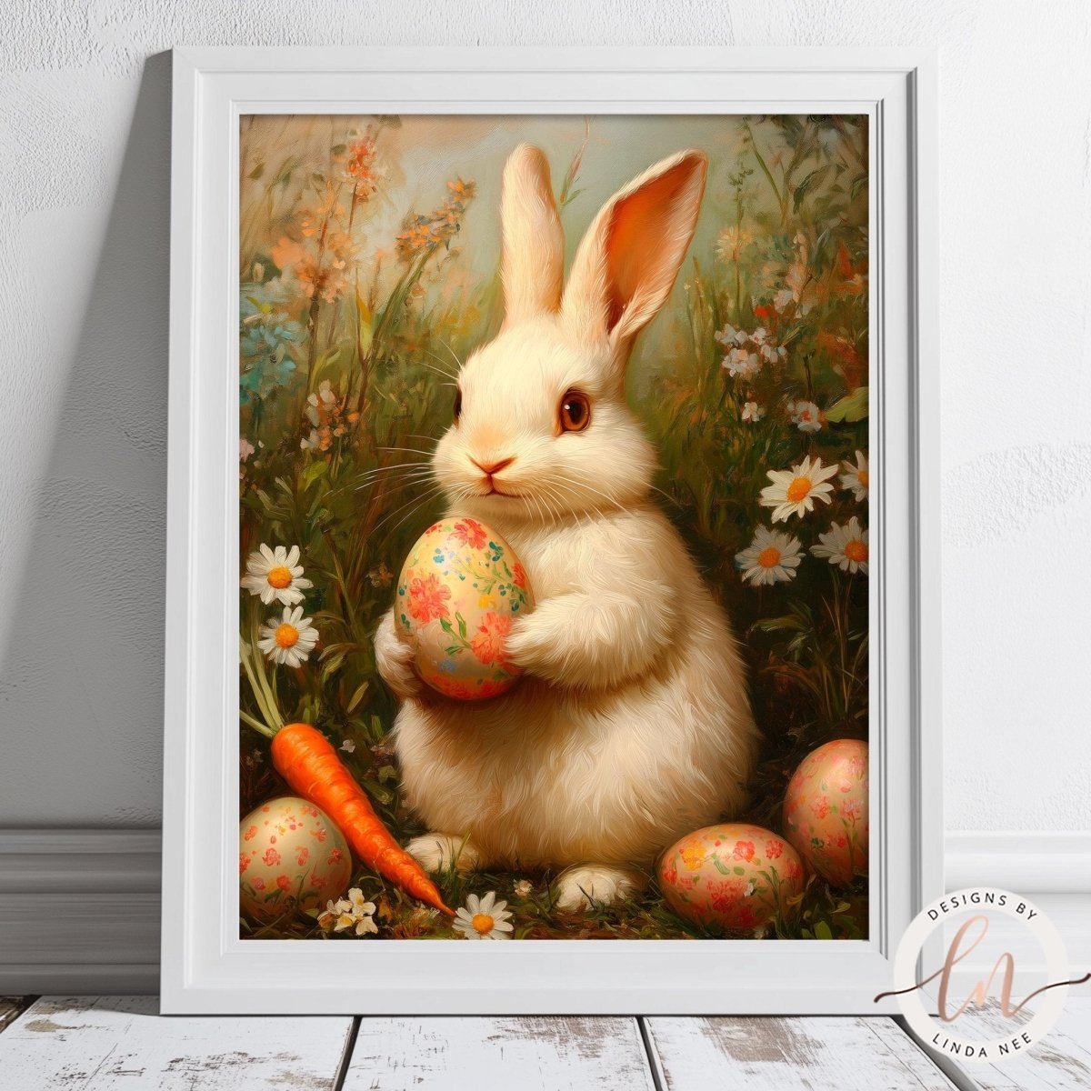 White rabbit holding a decorated egg among spring flowers and carrots