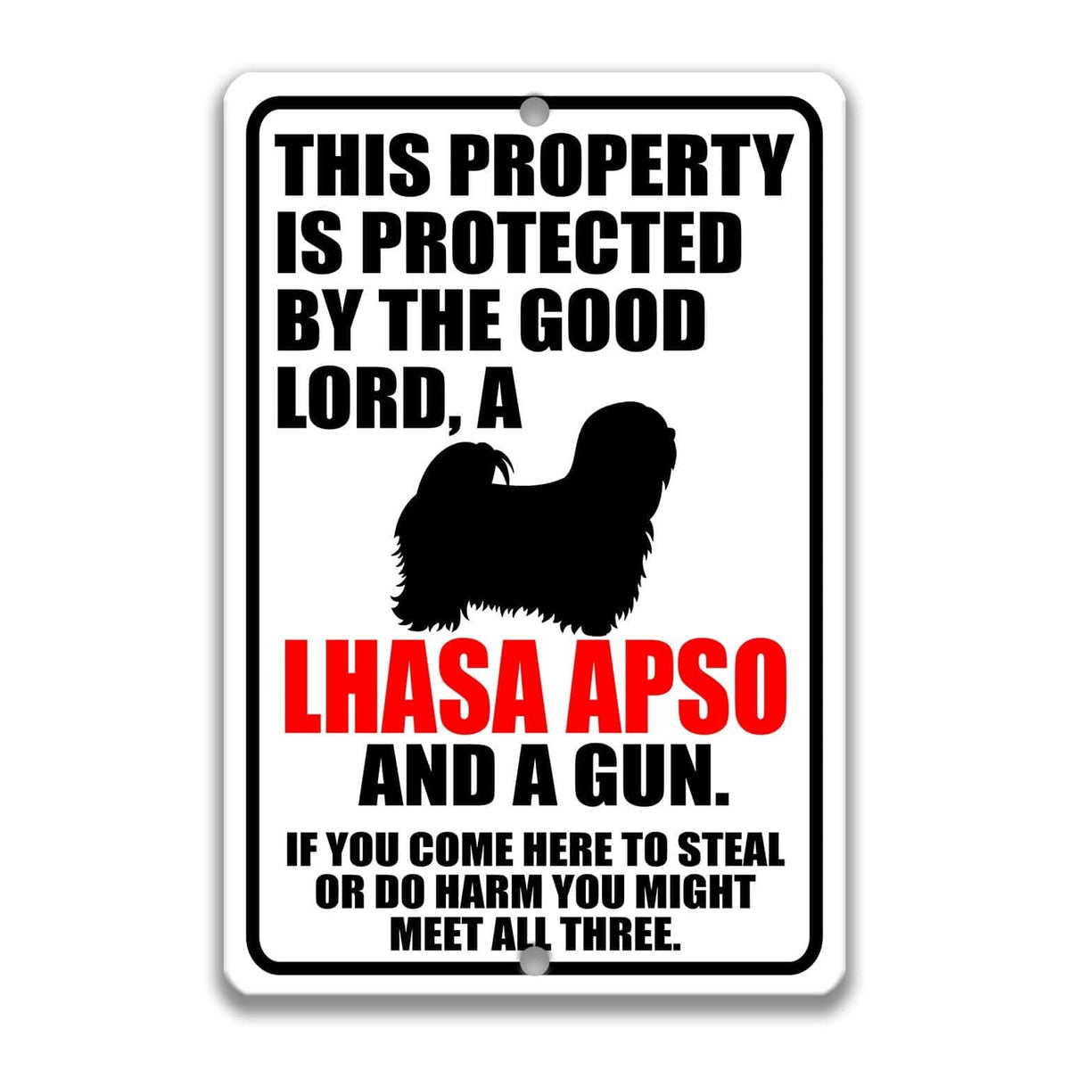 a sign with a warning message about a property being protected by a good Lord, a Lhasa Apso, and a gun. The sign also includes a cautionary note about potential theft or harm if someone comes to steal or harm the property.