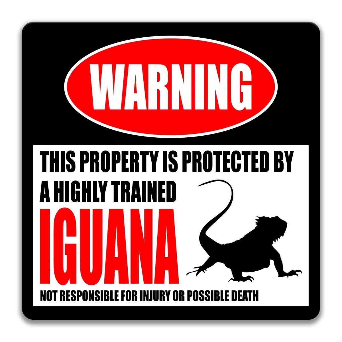 Iguana warning sign, red WARNING banner and large iguana silhouette, funny Iguana lover gift, aluminum with rounded corners