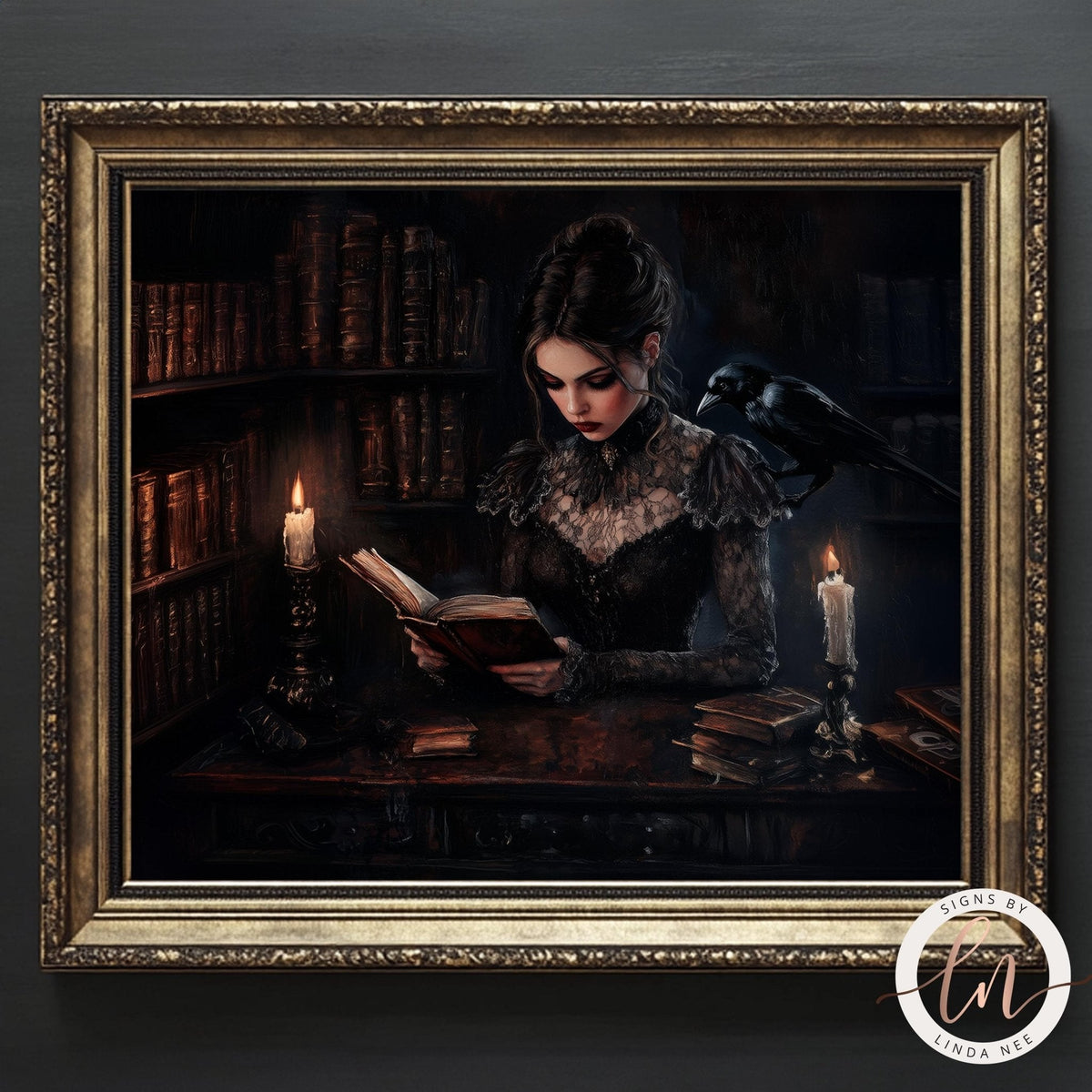 A woman in a dark, ornate dress is reading a book in a dimly lit room, with a black bird perched on her shoulder.