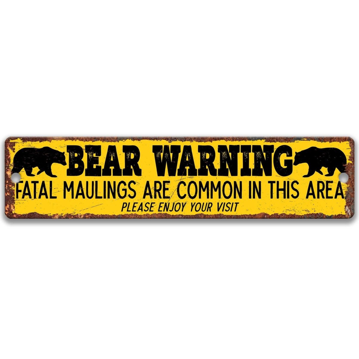 Bear warning metal sign, black background with yellow lettering, fatal maulings are common in this area, flanked by bear silhouettes